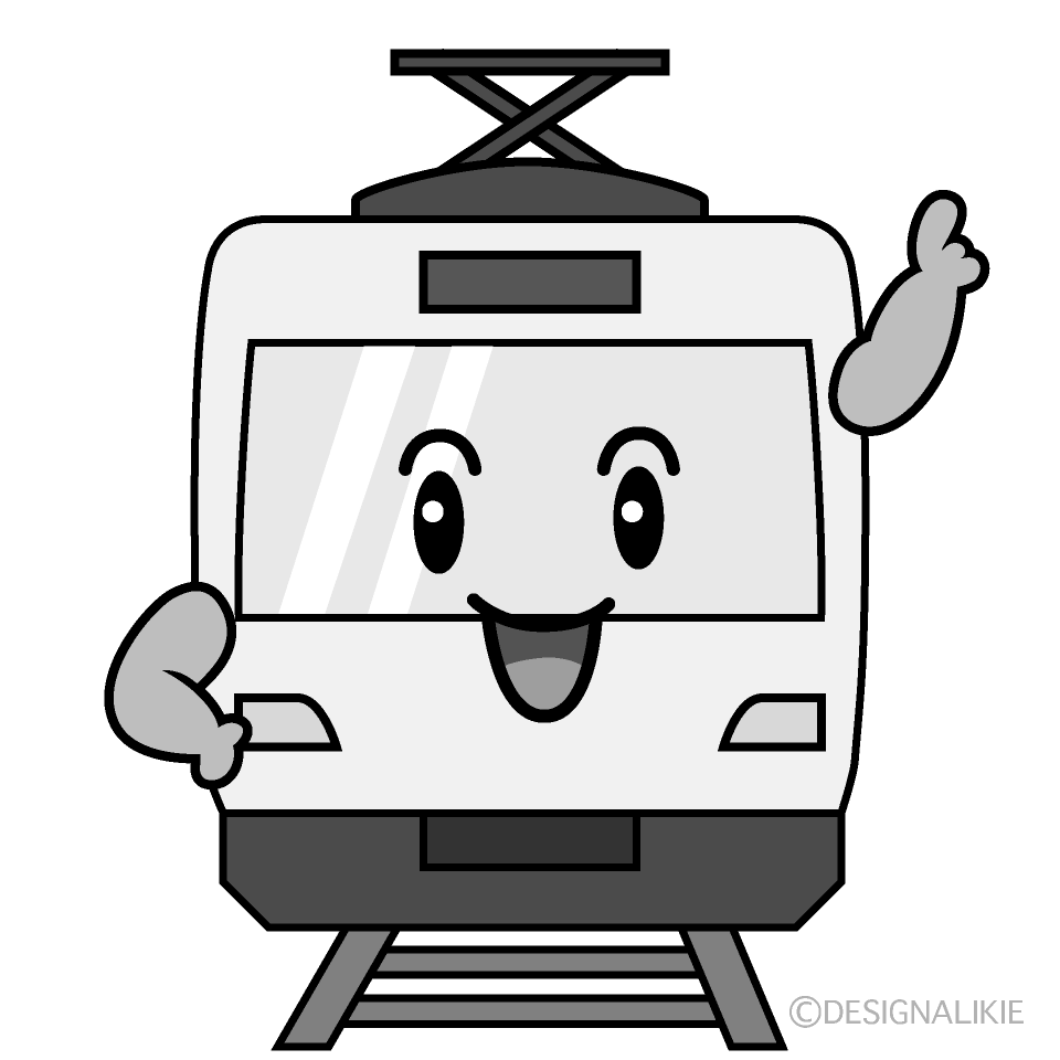 かわいい指差す電車白黒イラスト