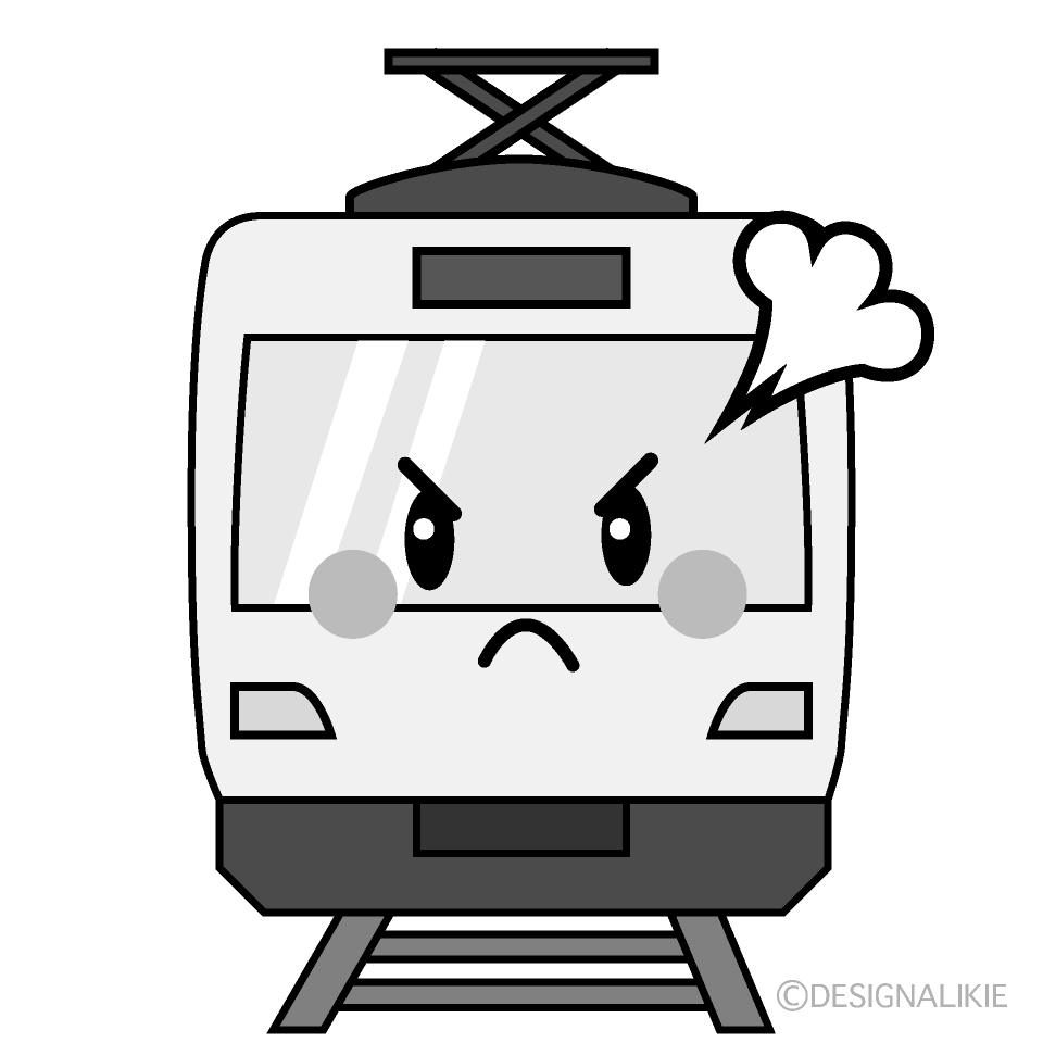 かわいい怒る電車白黒イラスト