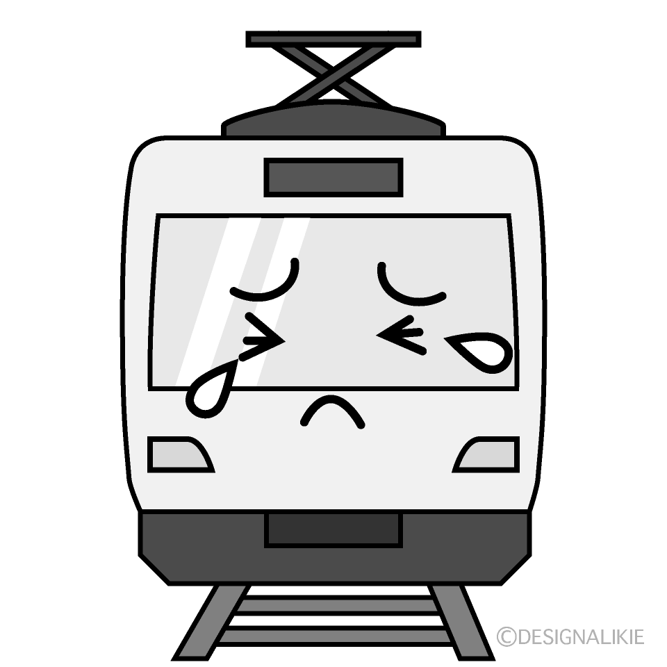 かわいい泣く電車白黒イラスト