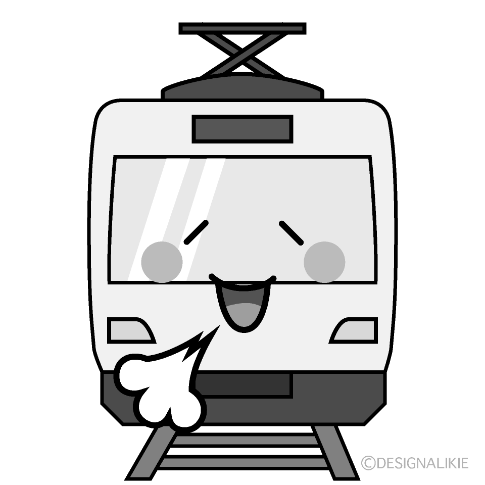 かわいいリラックスする電車白黒イラスト