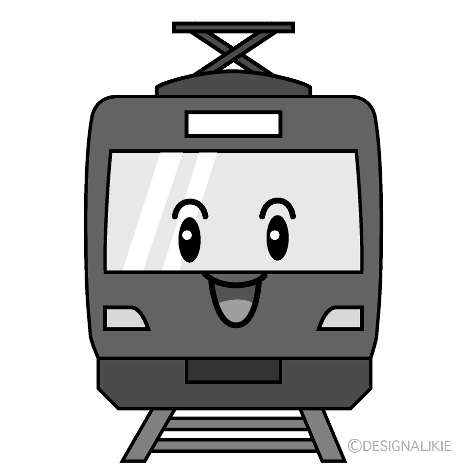 かわいい笑顔の赤い電車白黒イラスト