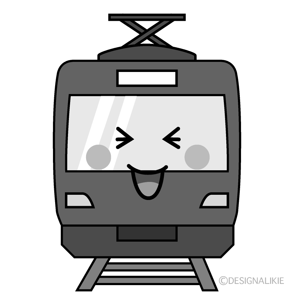 かわいい笑う赤い電車白黒イラスト