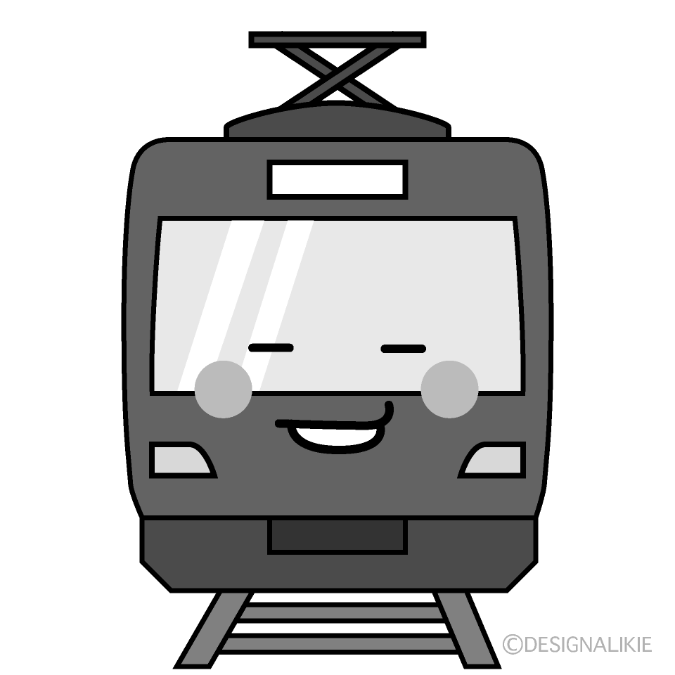 かわいいニヤリの赤い電車白黒イラスト