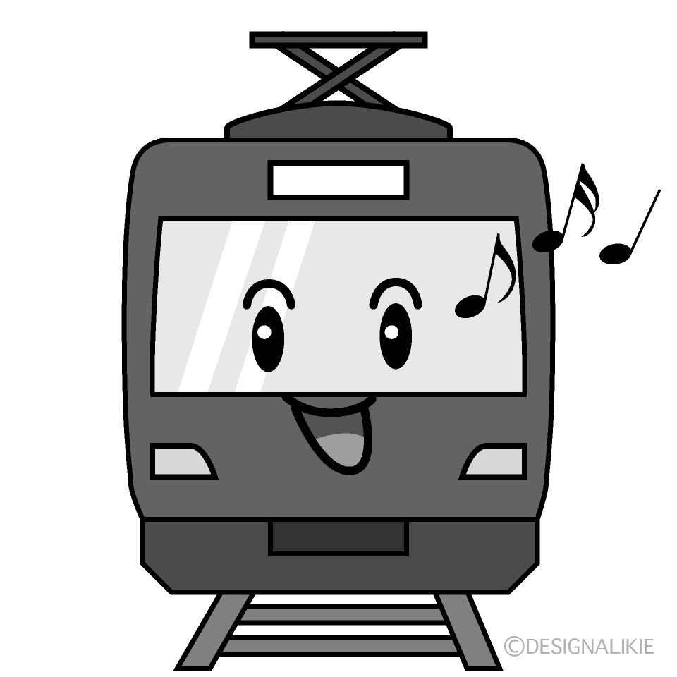 かわいい歌う赤い電車白黒イラスト