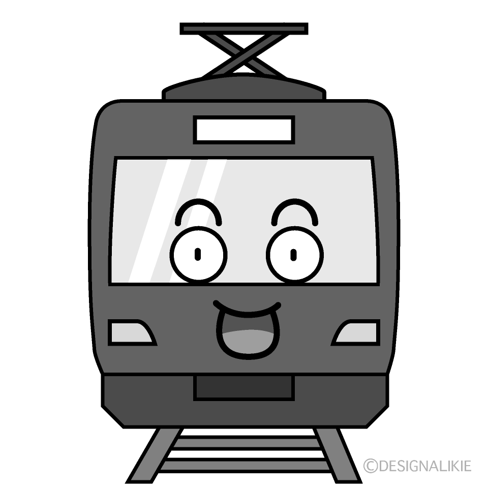 かわいい驚く赤い電車白黒イラスト