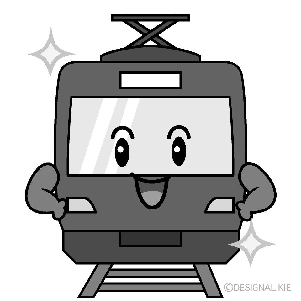 かわいい煌く赤い電車白黒イラスト