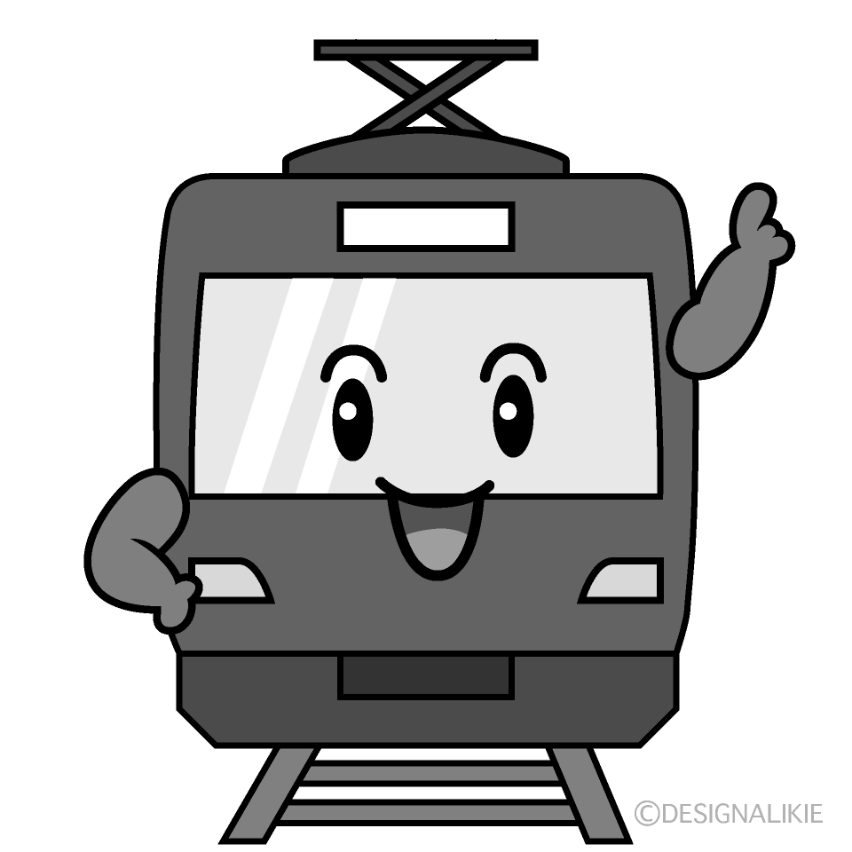 かわいい指差す赤い電車白黒イラスト