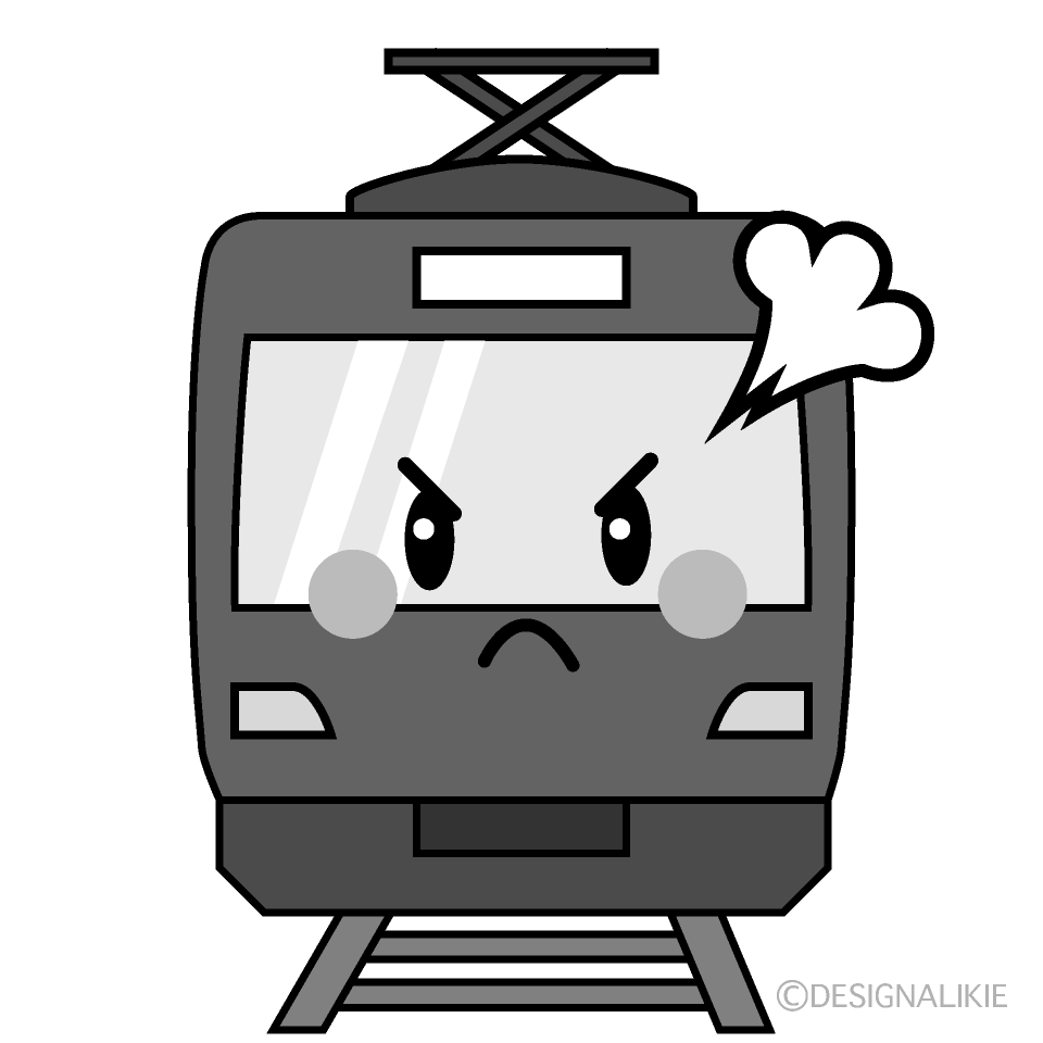 かわいい怒る赤い電車白黒イラスト