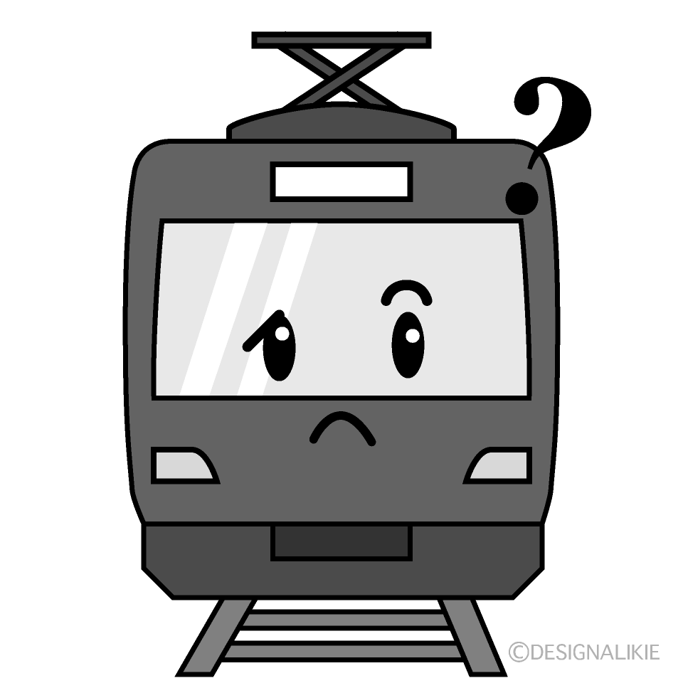 かわいい考える赤い電車白黒イラスト