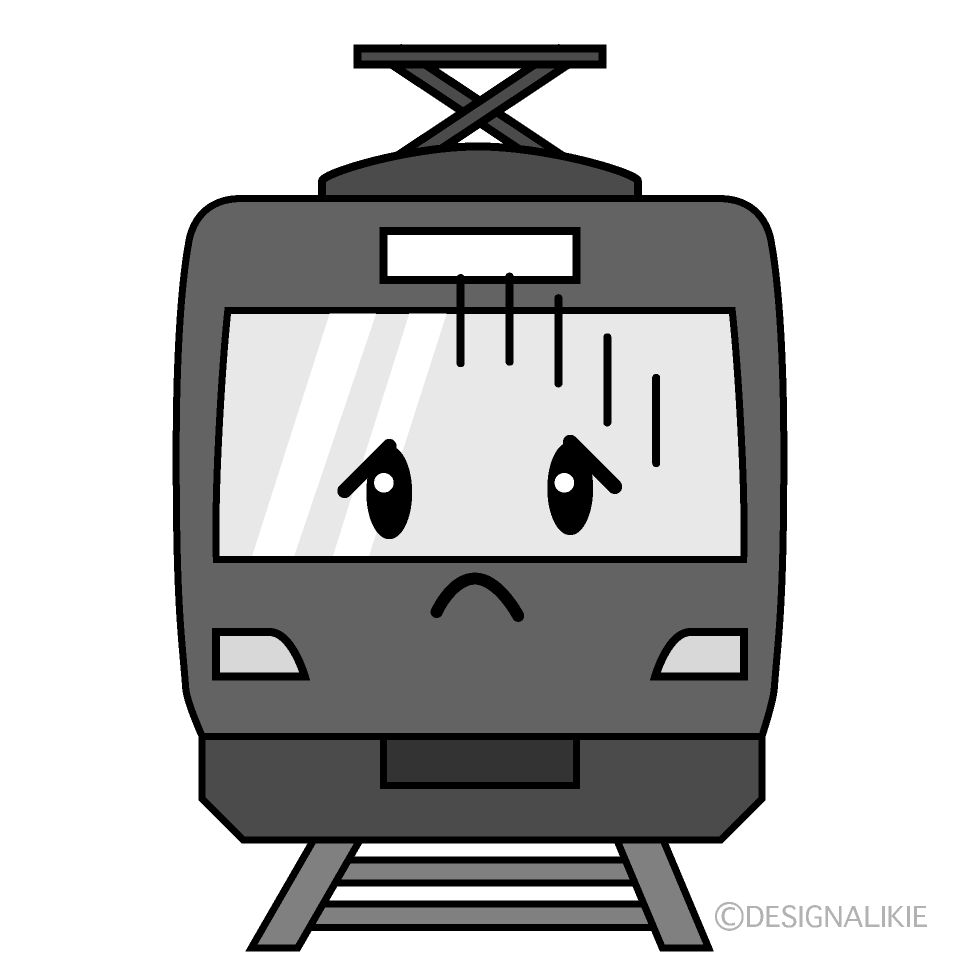 かわいい落ち込む赤い電車白黒イラスト