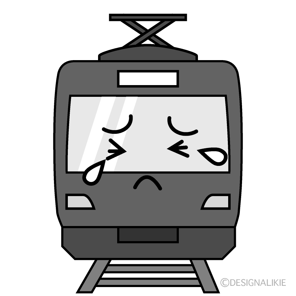 かわいい泣く赤い電車白黒イラスト