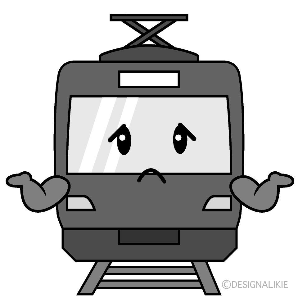 かわいい困る赤い電車白黒イラスト