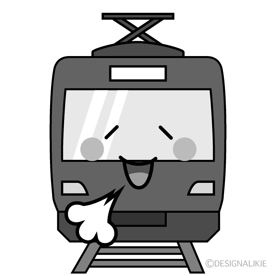 かわいいリラックスする赤い電車白黒イラスト