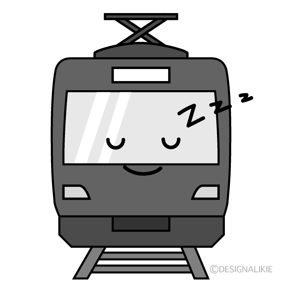 かわいい寝る赤い電車白黒イラスト