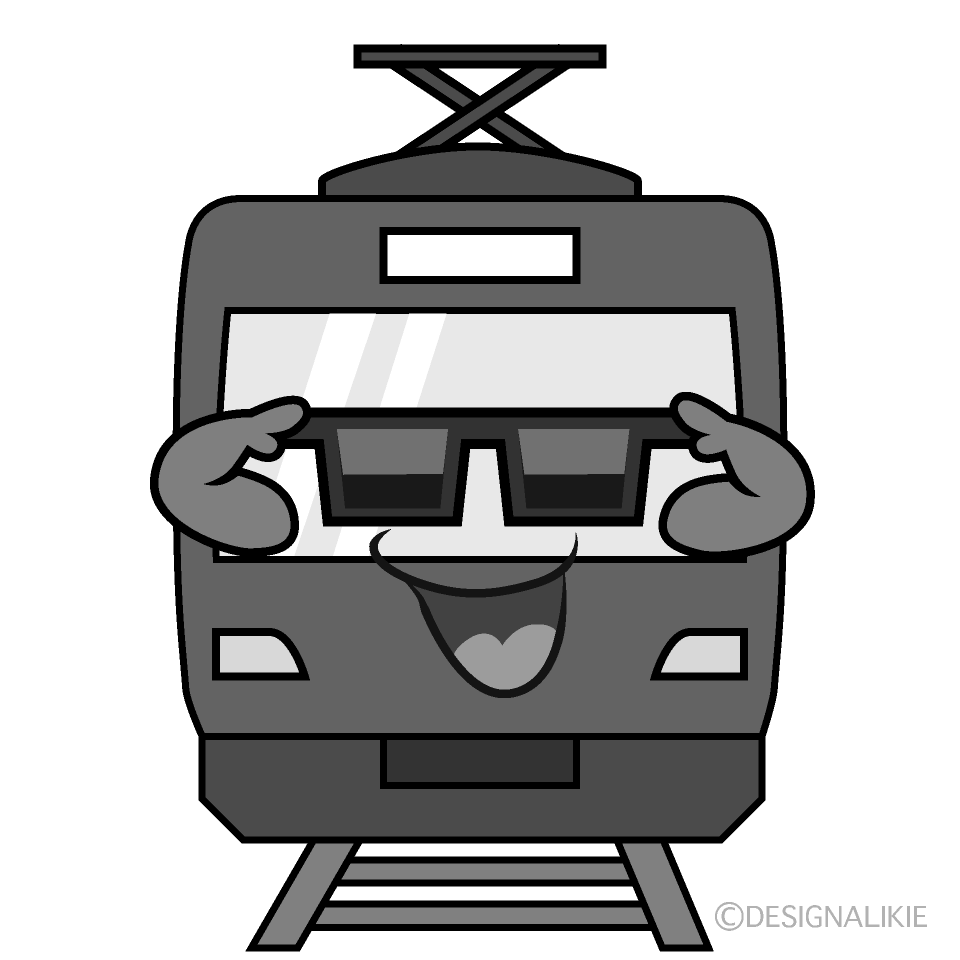 かわいいサングラスの赤い電車白黒イラスト