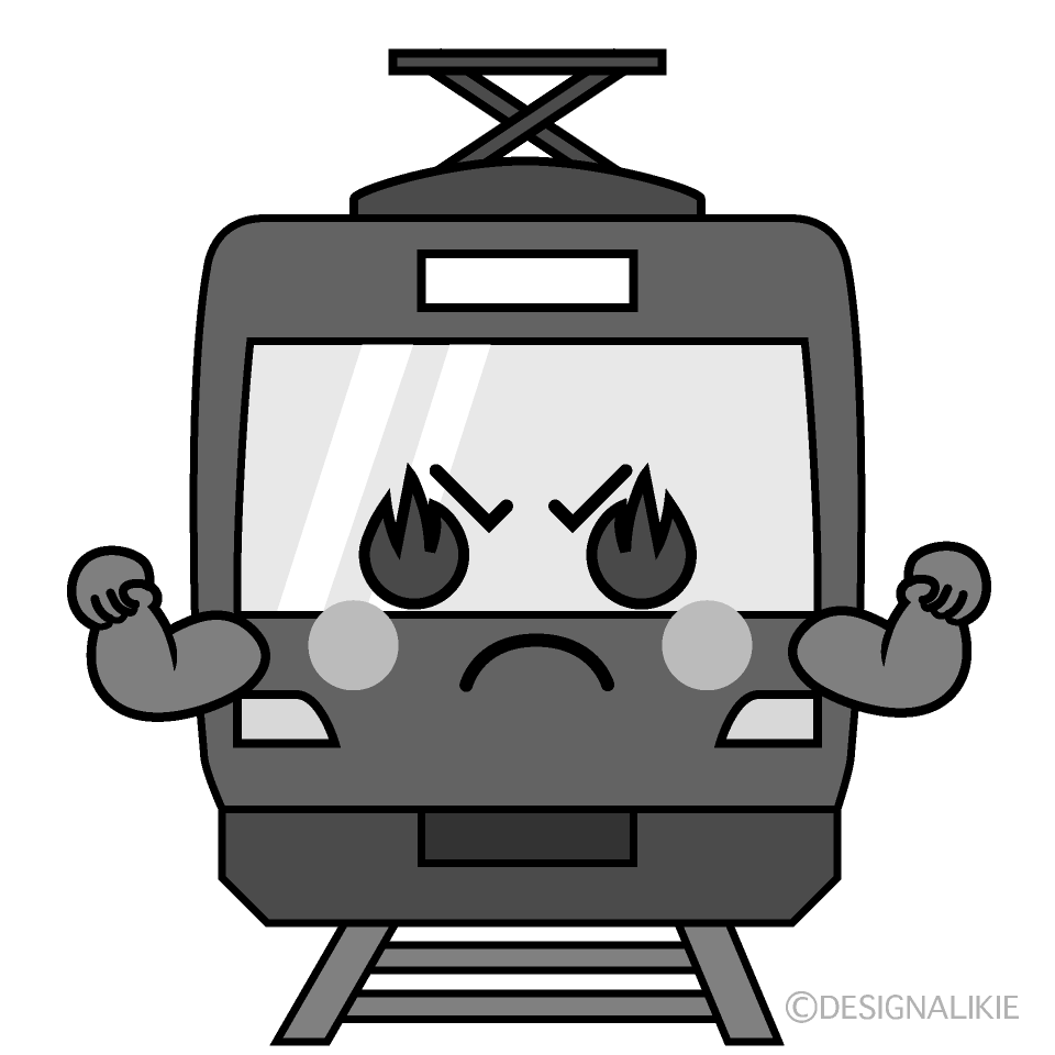 かわいい熱意の赤い電車白黒イラスト