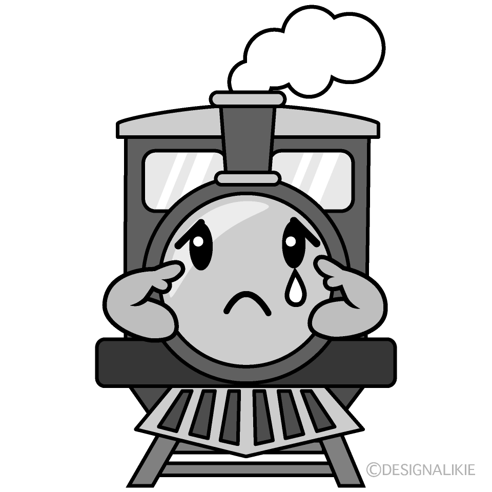 かわいい悲しい汽車白黒イラスト