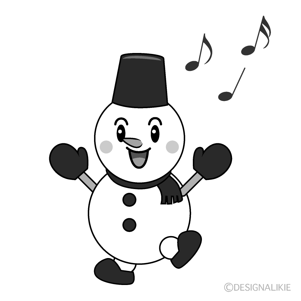 かわいい踊る雪だるま白黒イラスト