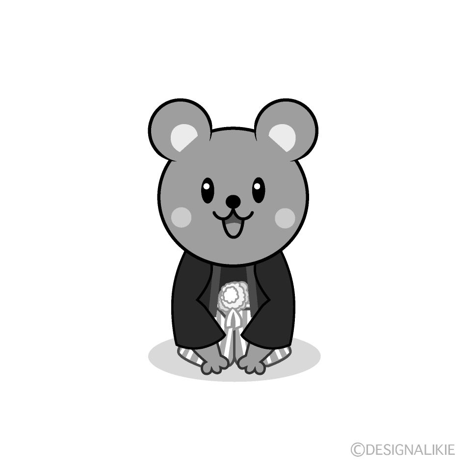 かわいい紋付袴のネズミ白黒イラスト