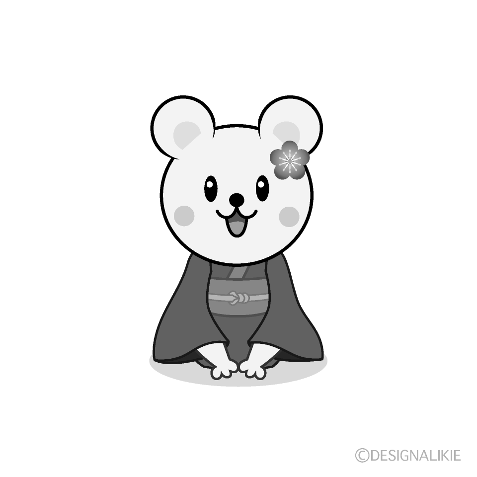 かわいい着物のネズミ白黒イラスト