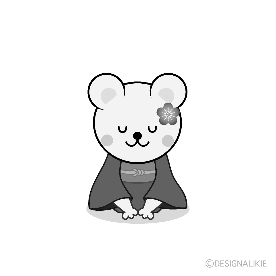 かわいい着物でお辞儀するネズミ白黒イラスト