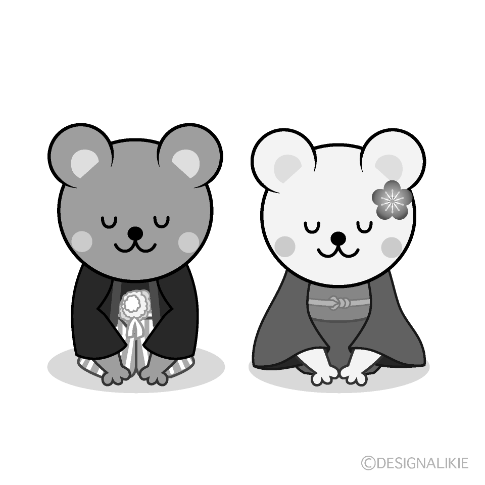 かわいいお辞儀するネズミ夫婦白黒イラスト