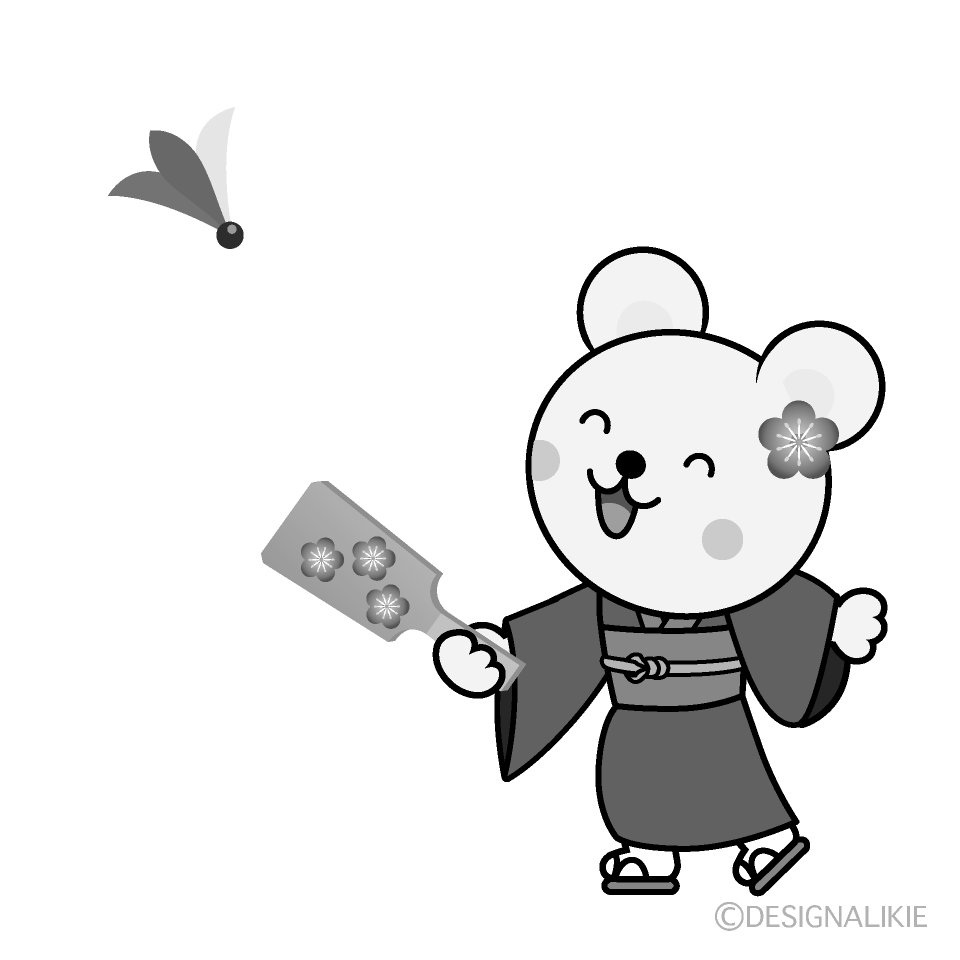 かわいい着物で羽根付きするネズミ白黒イラスト