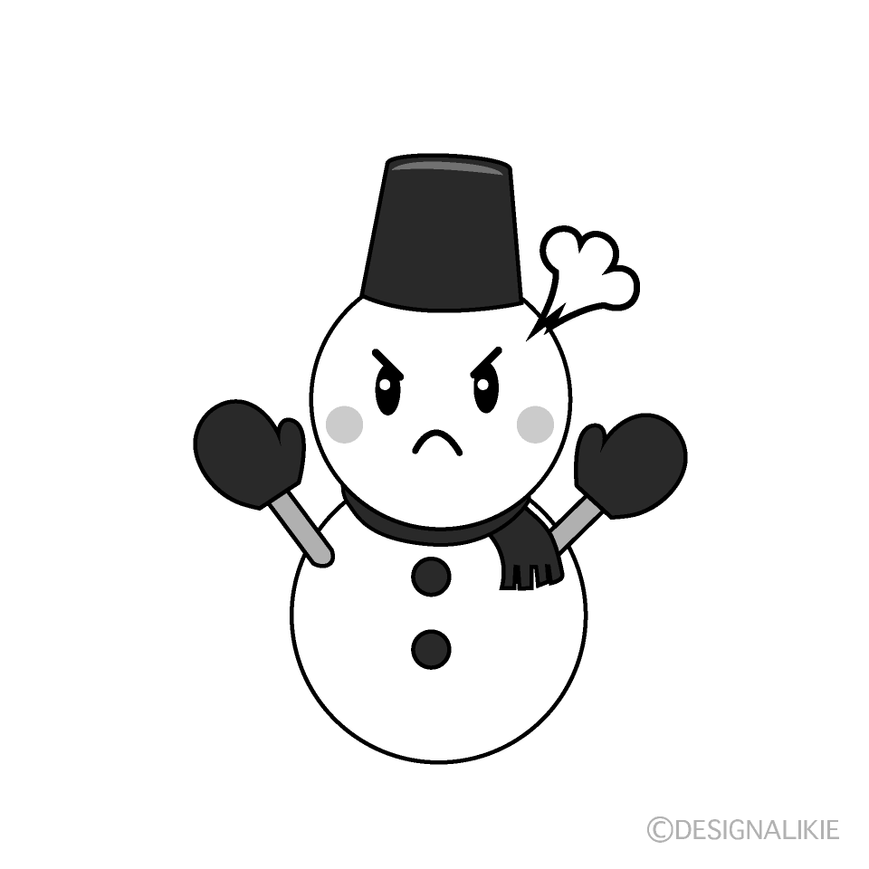 かわいい怒る雪だるま白黒イラスト