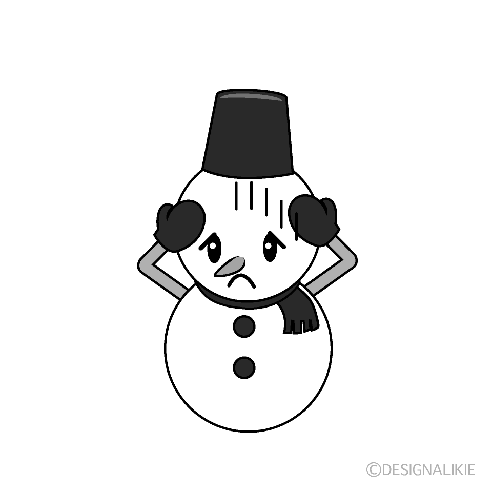 かわいい困る雪だるま白黒イラスト