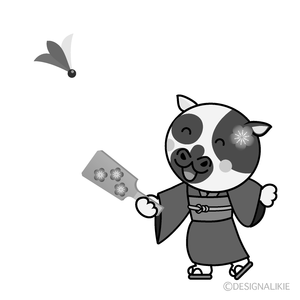 かわいい着物で羽根付きする牛白黒イラスト