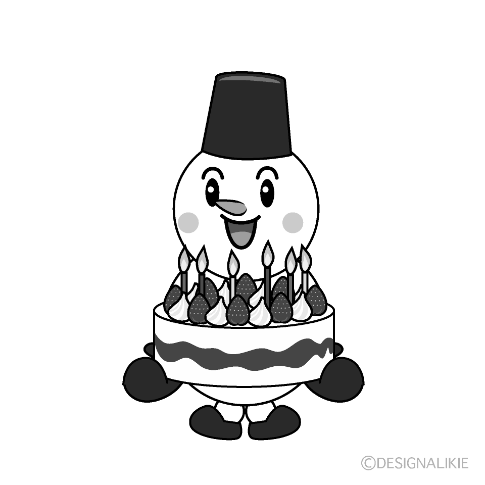 かわいい誕生日ケーキを持った雪だるま白黒イラスト