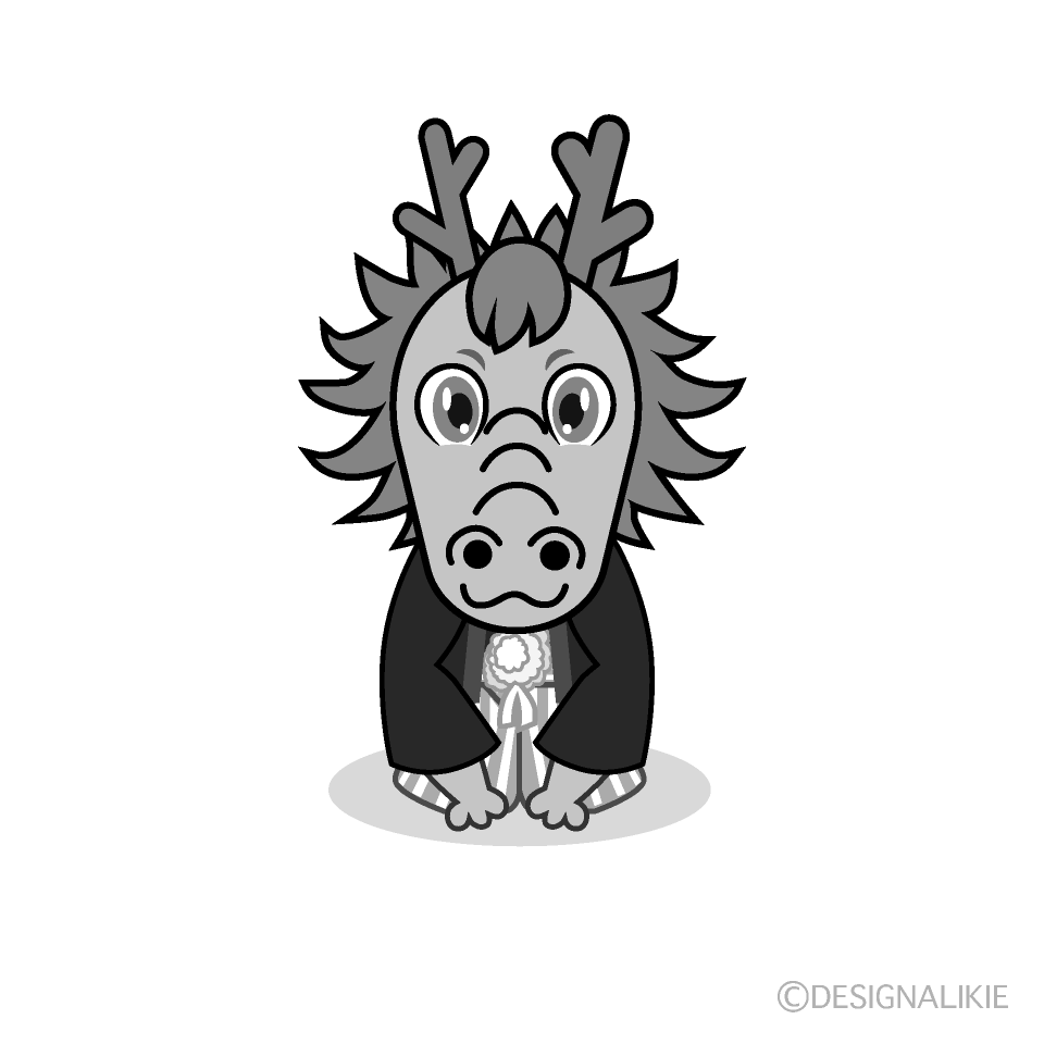 かわいい紋付袴の龍白黒イラスト