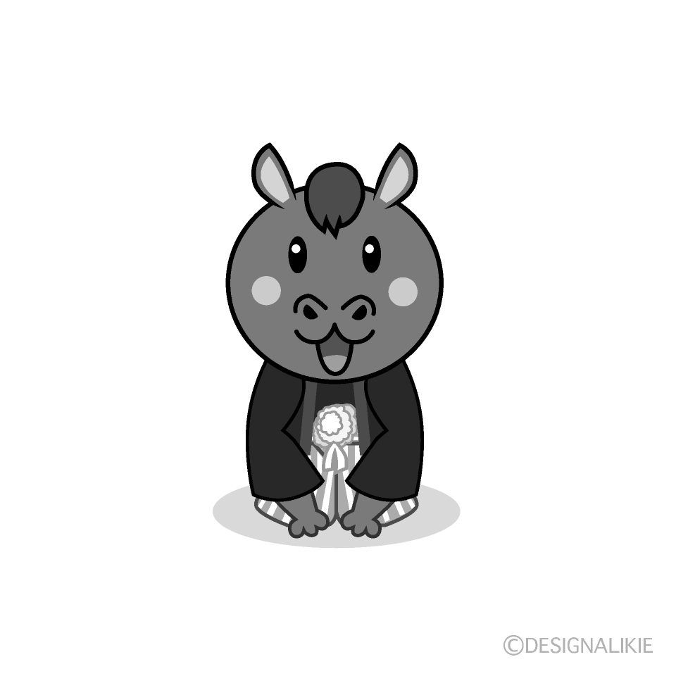 かわいい紋付袴の馬白黒イラスト