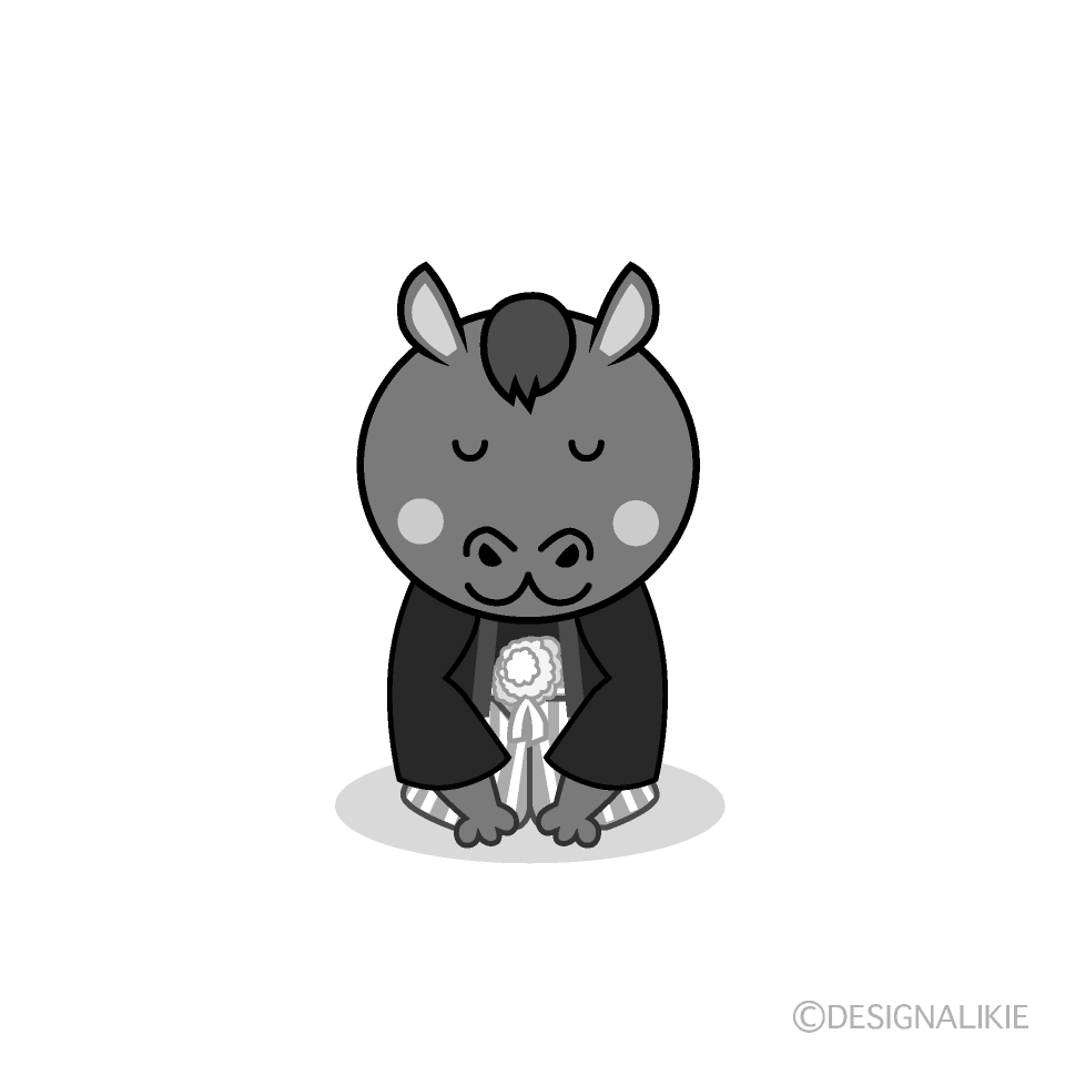 かわいい紋付袴でお辞儀する馬白黒イラスト