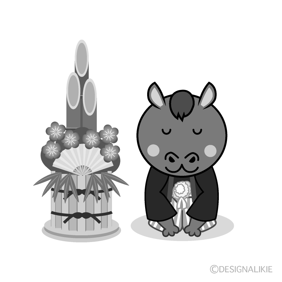 かわいい門松と新年挨拶する馬白黒イラスト