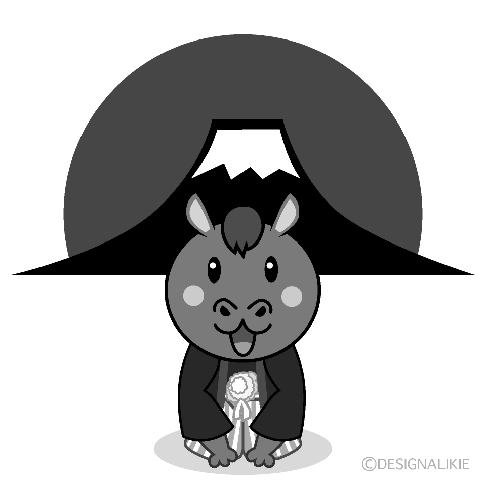 かわいい富士山日の出と馬白黒イラスト