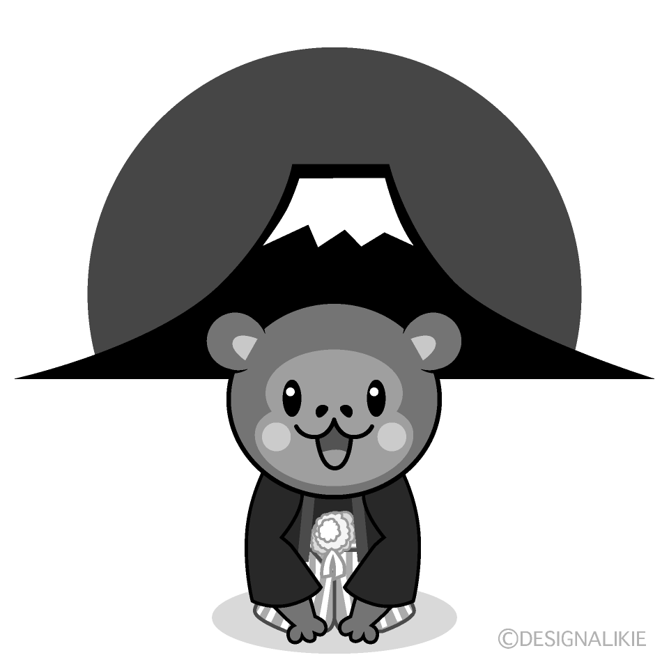 かわいい富士山日の出と猿白黒イラスト