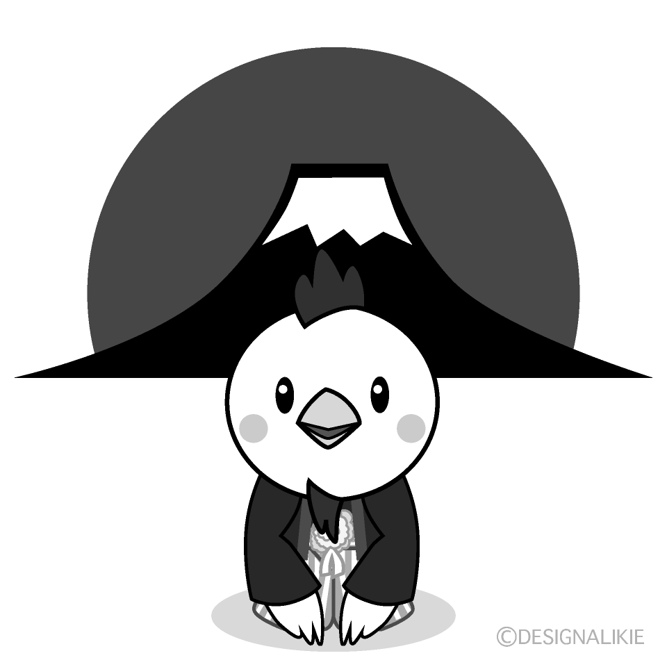 かわいい富士山日の出と鶏白黒イラスト