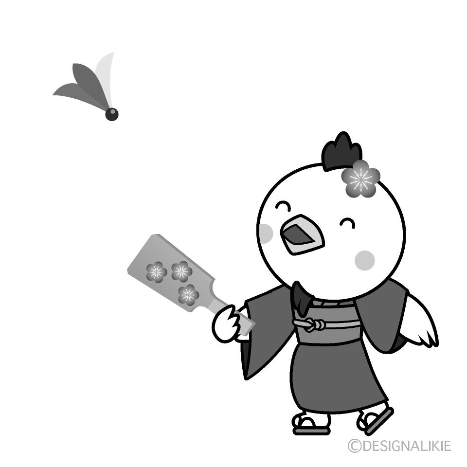 かわいい着物で羽根付きする鶏白黒イラスト