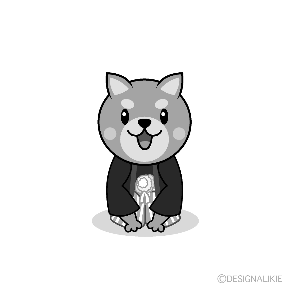 かわいい紋付袴の犬白黒イラスト