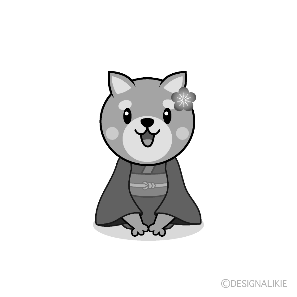 かわいい着物の犬白黒イラスト