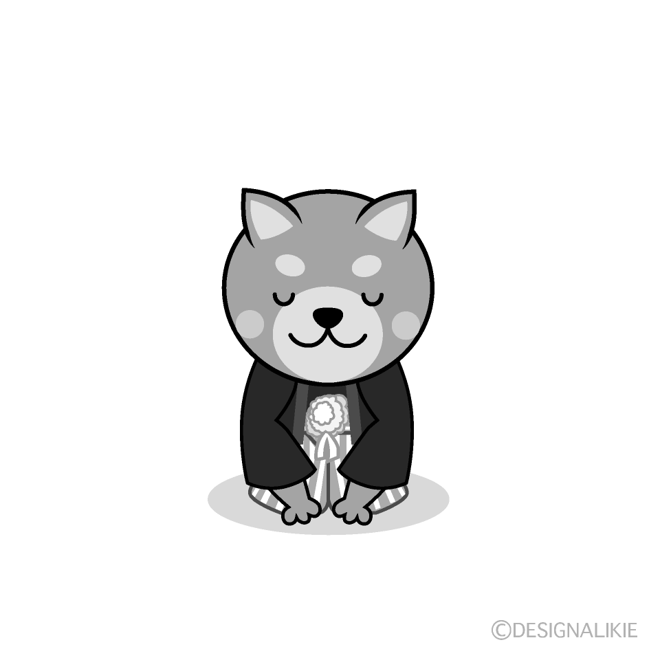 かわいい紋付袴でお辞儀する犬白黒イラスト