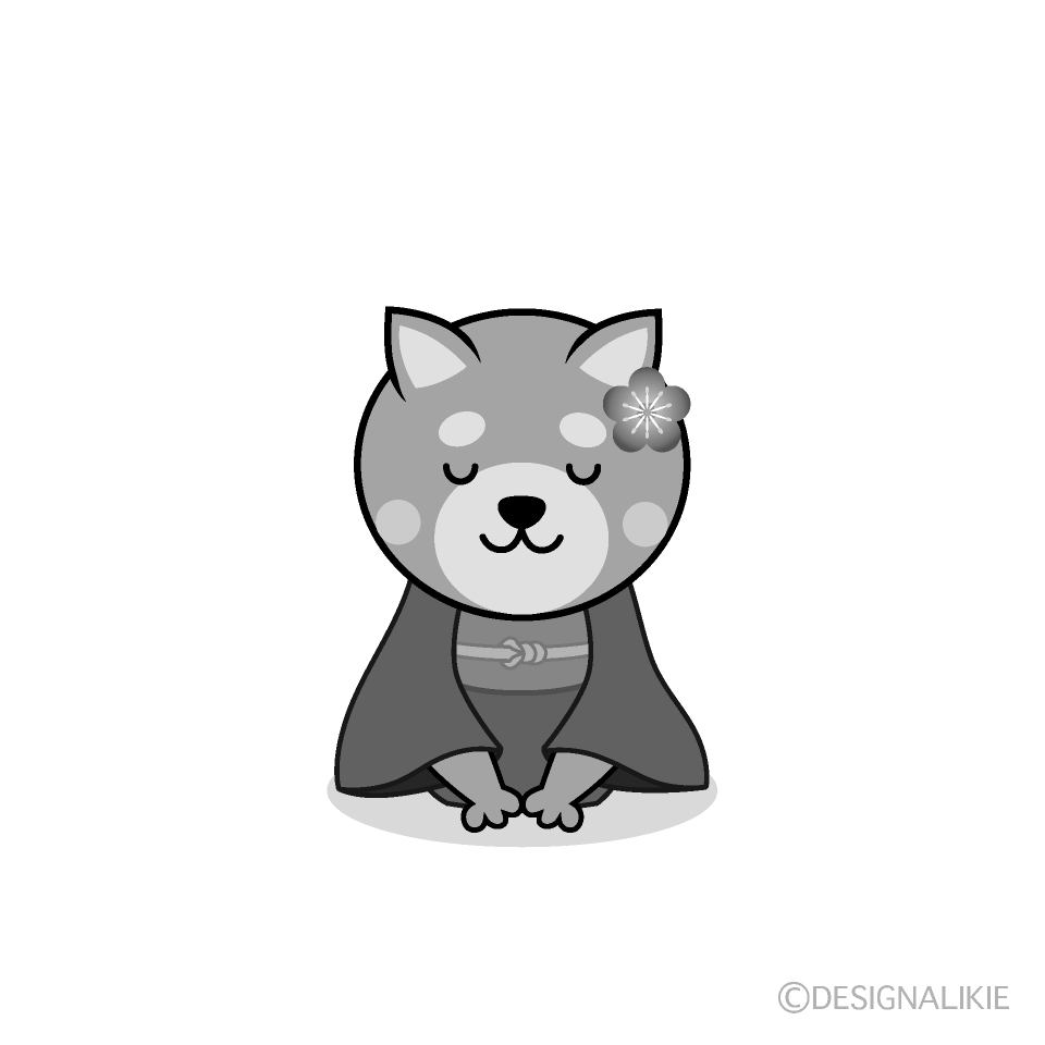 かわいい着物でお辞儀する犬白黒イラスト