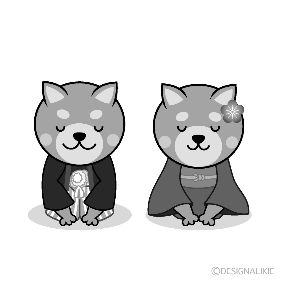 かわいいお辞儀する犬夫婦白黒イラスト