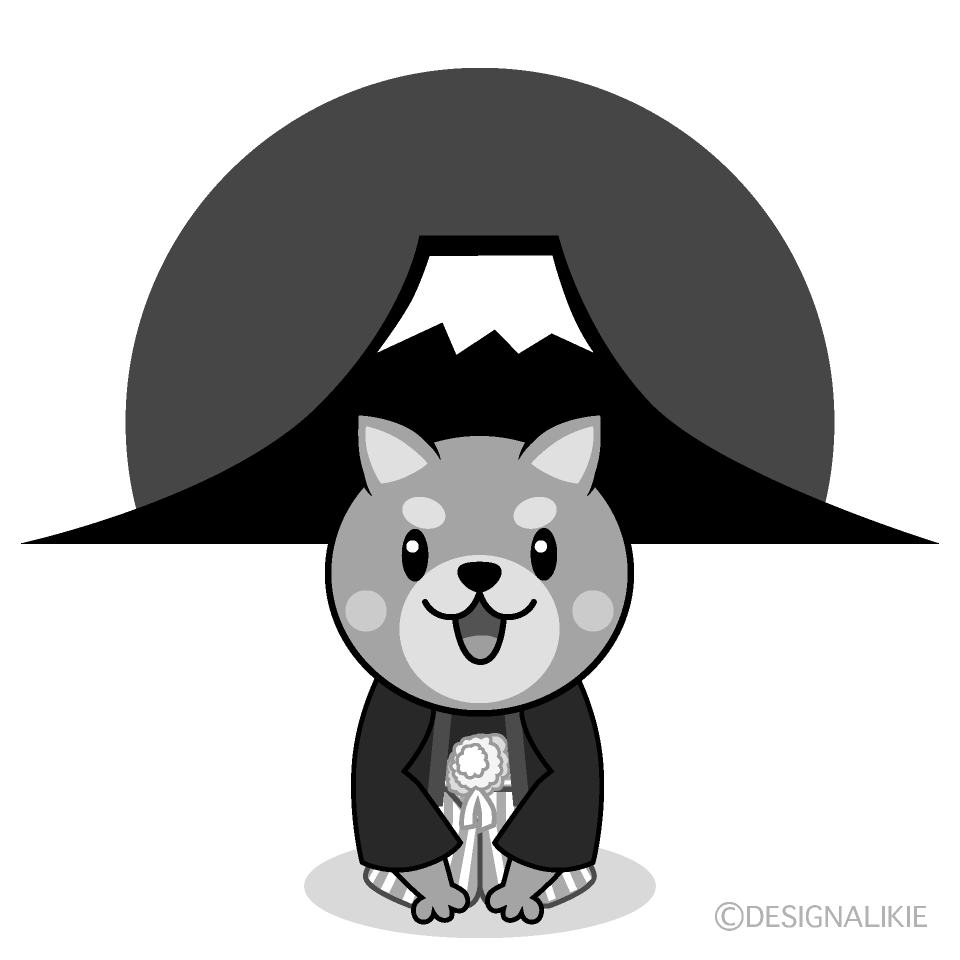 かわいい富士山日の出と犬白黒イラスト