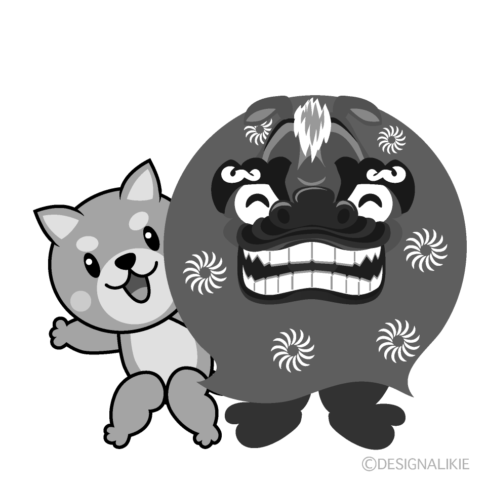 かわいい獅子舞と犬白黒イラスト