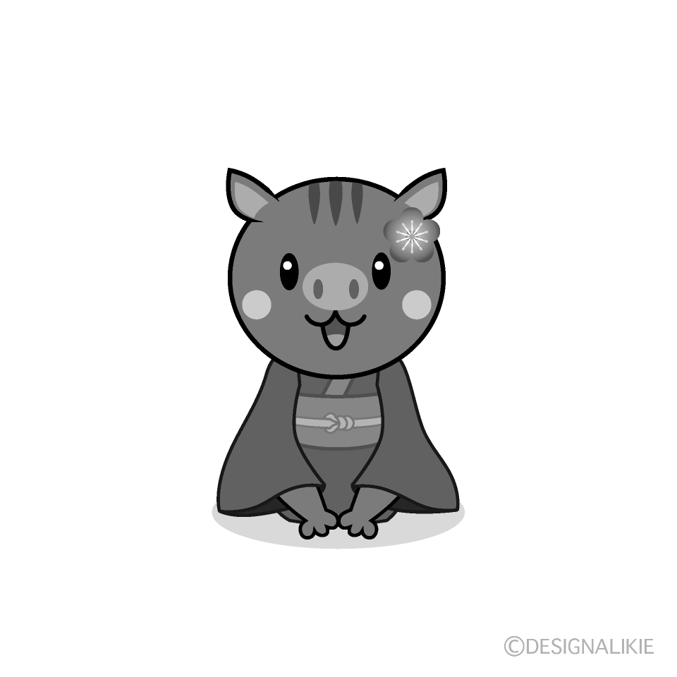 かわいい着物の猪白黒イラスト