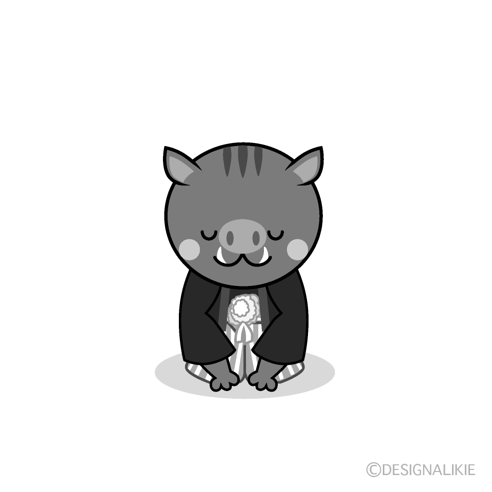 かわいい紋付袴でお辞儀する猪白黒イラスト