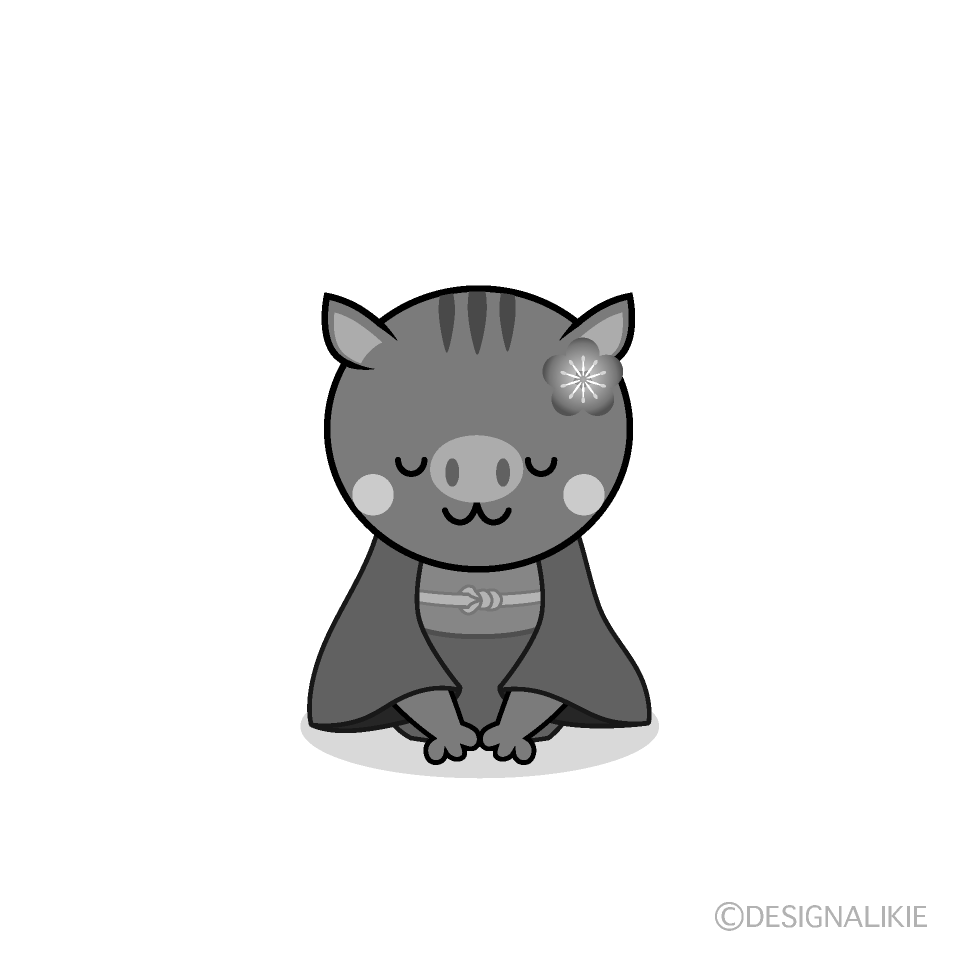 かわいい着物でお辞儀する猪白黒イラスト