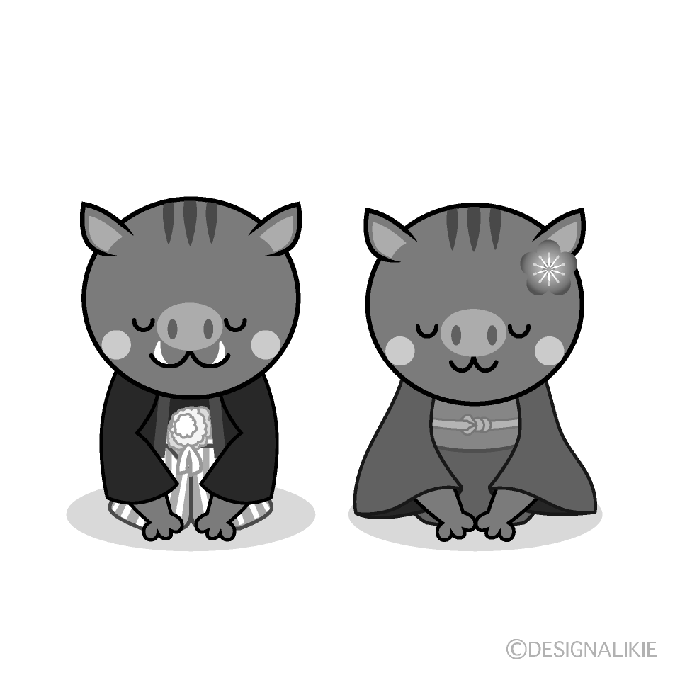 かわいいお辞儀する猪夫婦白黒イラスト